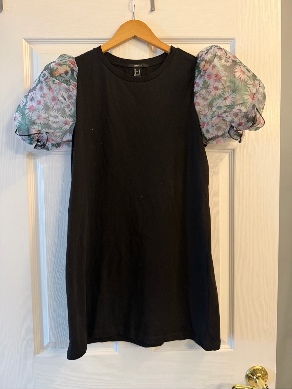 Forever 21 Black Dress with Floral Puff Sleeves